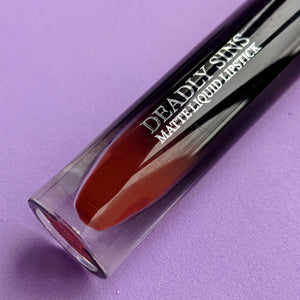 Coven Brown matte liquid lipstick Deadly Sins Cosmetics Goth makeup Close up