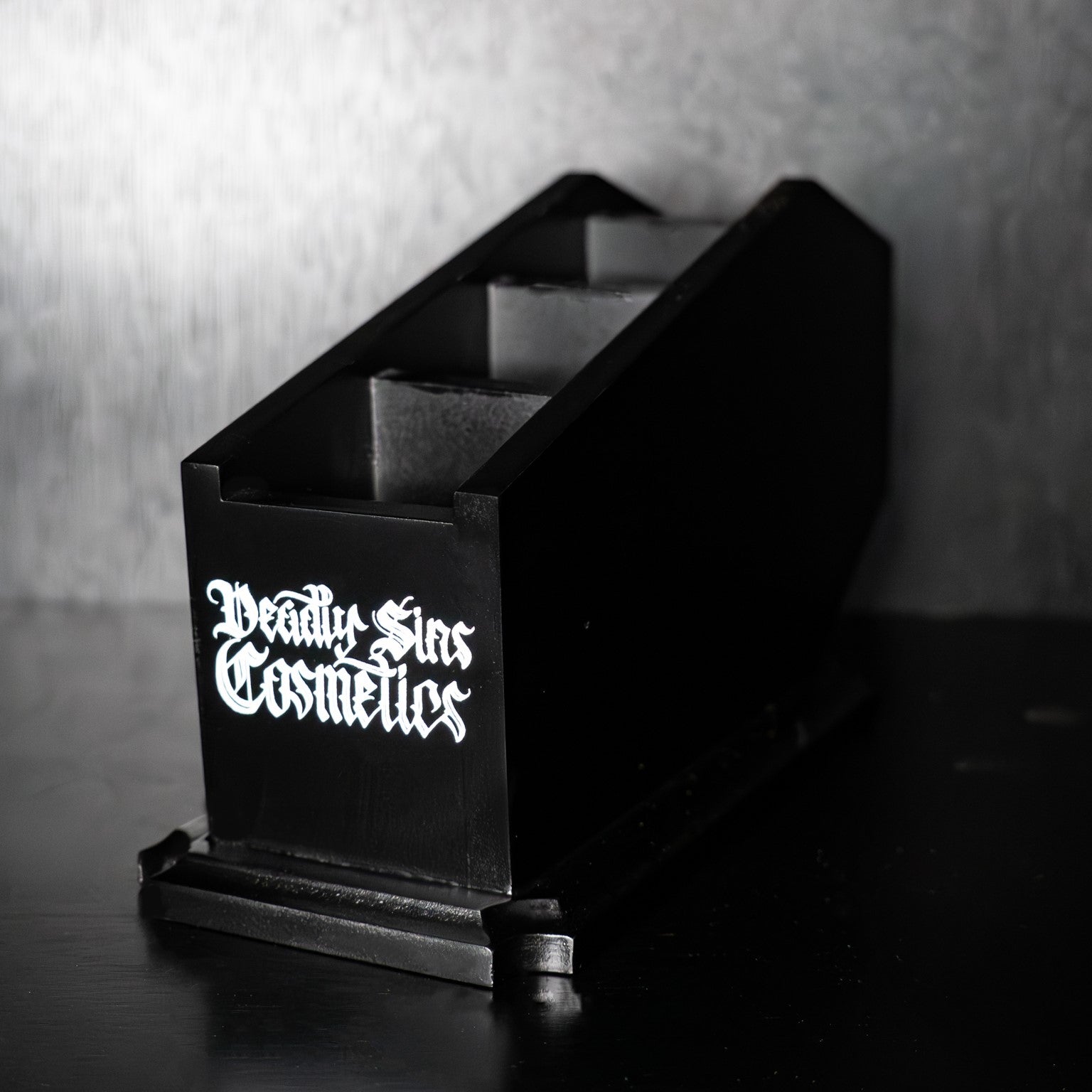 Coffin Makeup Brush Holder Gothic Australia Deadly Sins Cosmetics front with logo