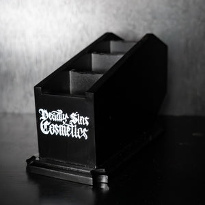 Coffin Makeup Brush Holder Gothic Australia Deadly Sins Cosmetics front with logo