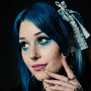 SLOTH Blue Eyeshadow Palette Deadly Sins Cosmetics gothic blue eyeshadow Australia Model wearing blue makeup portrait photo cute emo girl with blue hair