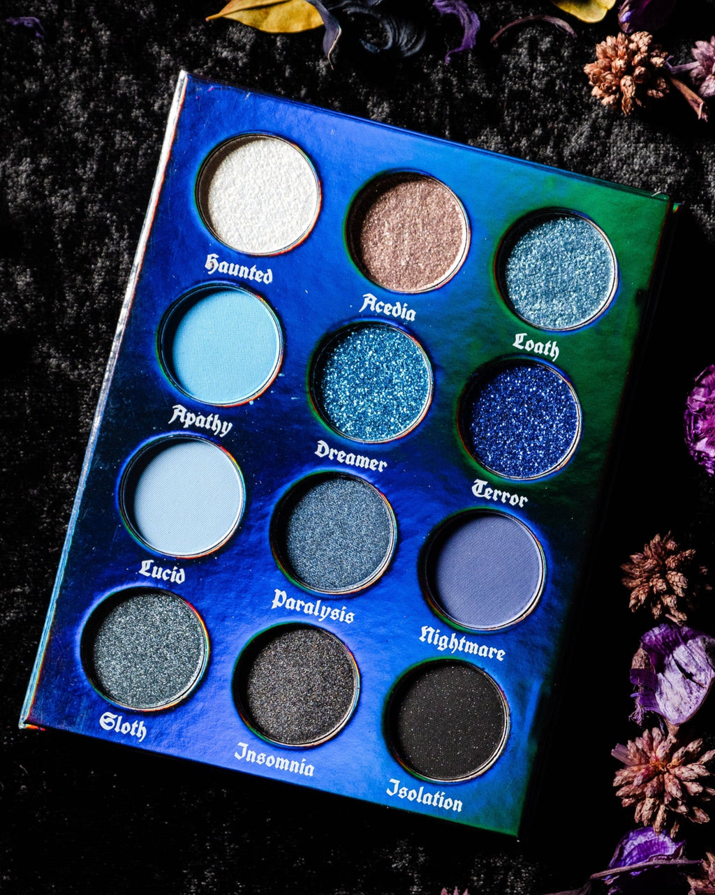 SLOTH Eyeshadow Palette Deadly Sins Cosmetics gothic blue eyeshadow australia. Glitter shades in a range of blue.
