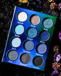 SLOTH Eyeshadow Palette Deadly Sins Cosmetics gothic blue eyeshadow australia. Glitter shades in a range of blue.