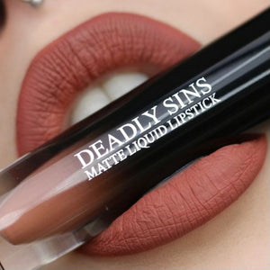 Harvest light brown matte liquid lipstick Deadly Sins Cosmetics Goth makeup swatch on lips