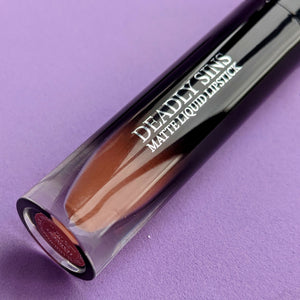 Harvest light brown matte liquid lipstick Deadly Sins Cosmetics Goth makeup close up lipstick tube